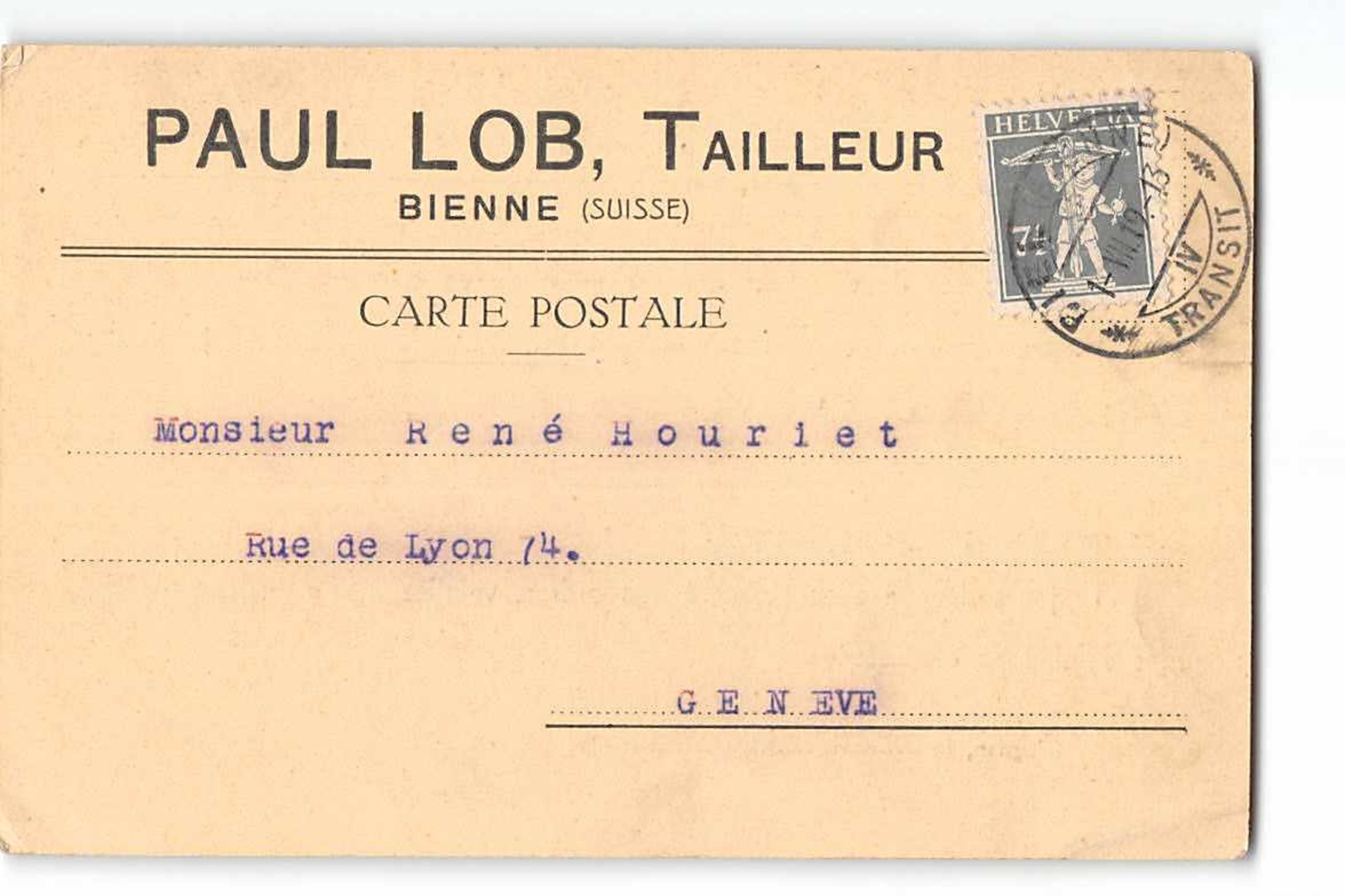 B748 01 PAUL LOB TAILLEUR BIENNE TO GENEVE - Storia Postale