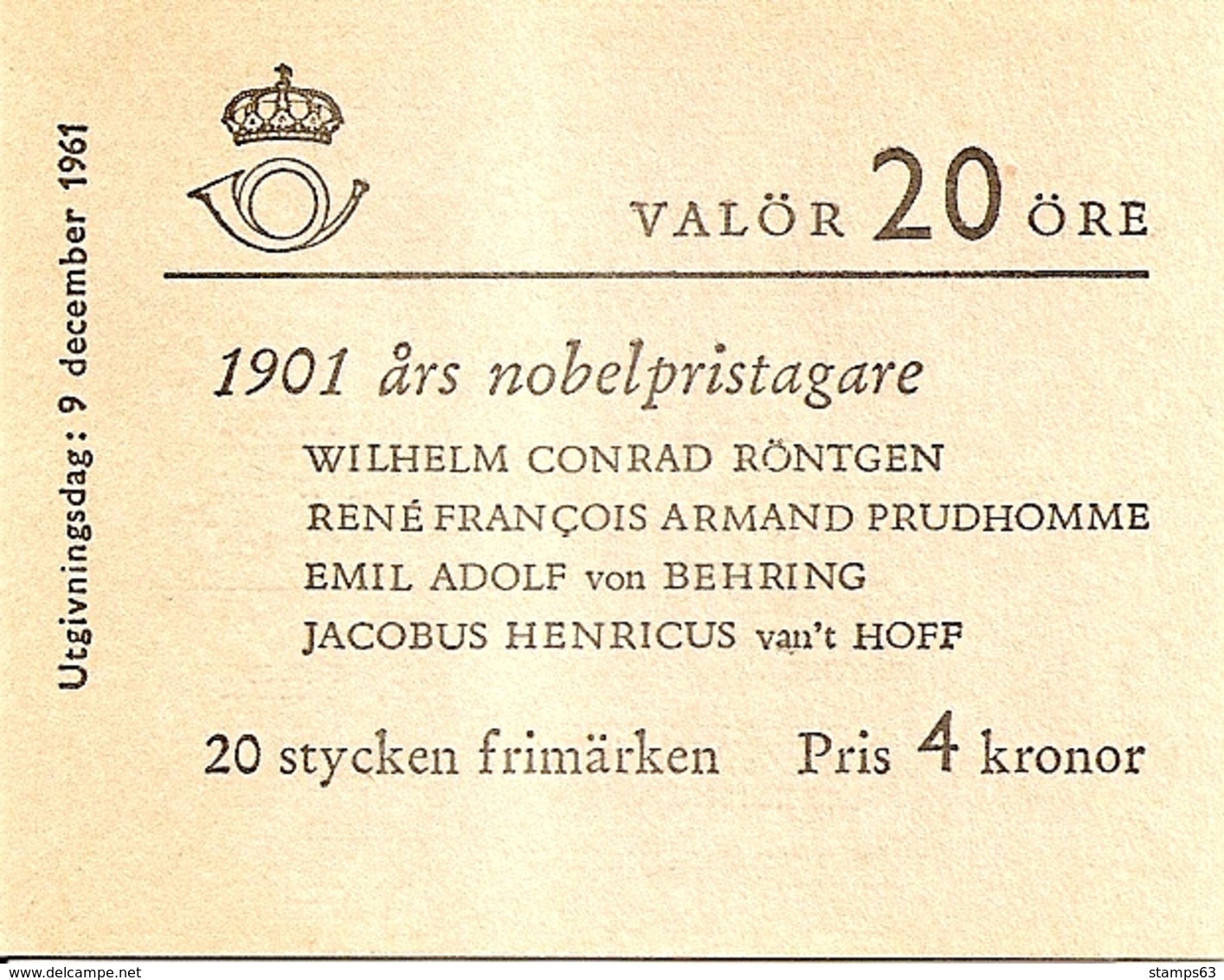 SWEDEN, 1961, Booklet 144 (Facit), Mi 482,  Nobelprie 1901 - 1951-80