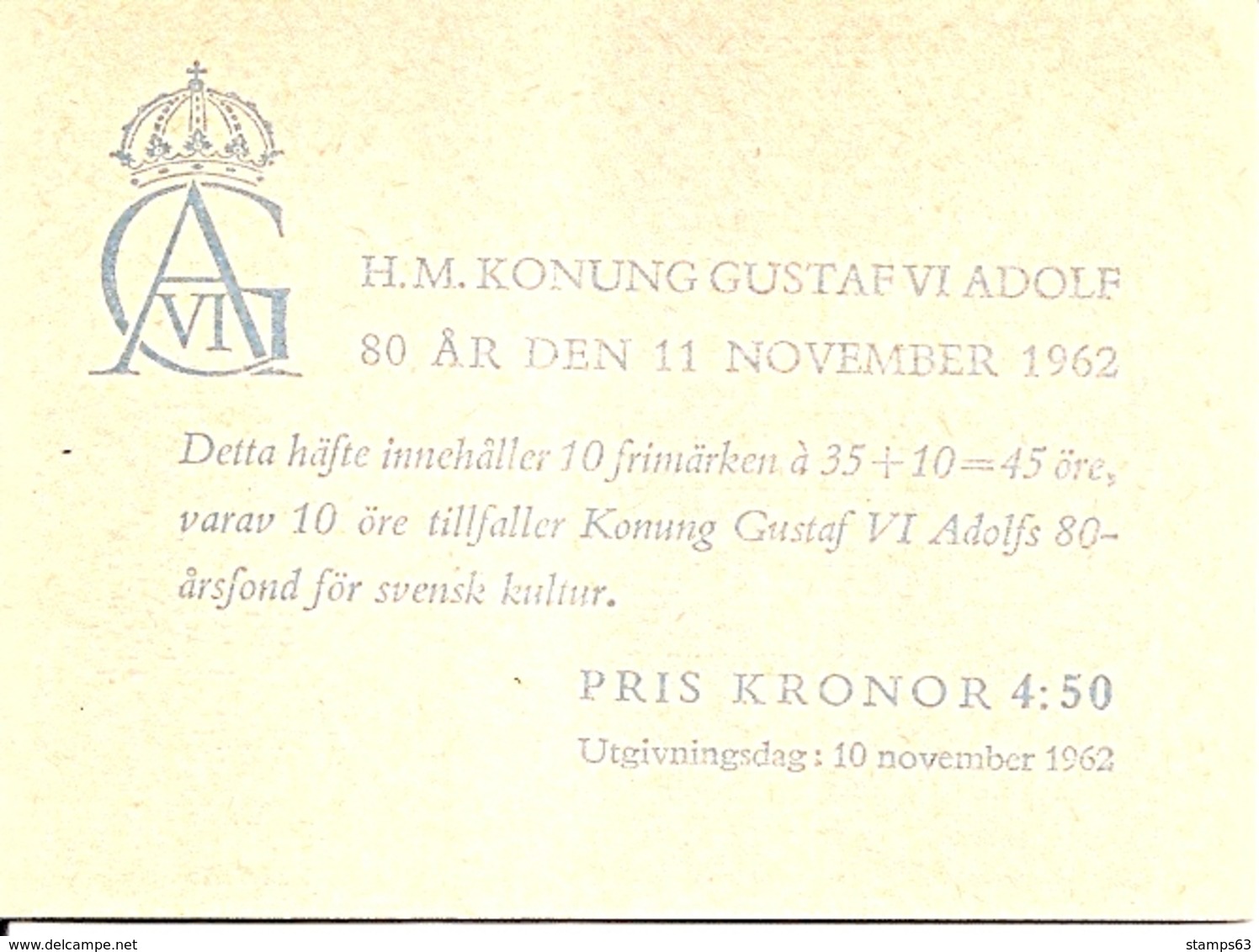 SWEDEN, 1962, Booklet 152 (Facit), Mi 499C,  Gustav VI Adolf 80 Y - 1951-80