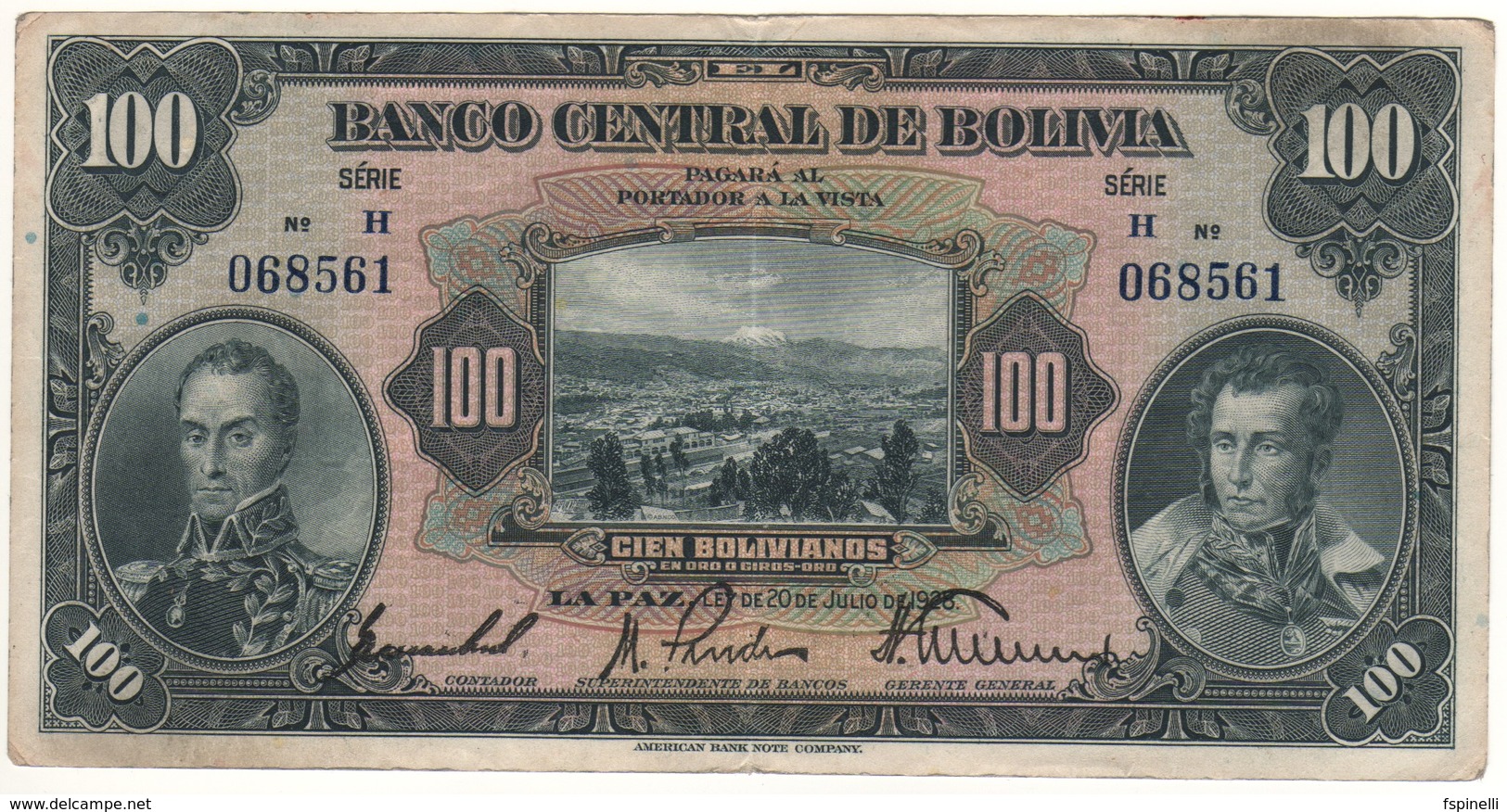 BOLIVIA  100 Bolivianos  Serie  H   (L. 1928)    P125a    VF/XF - Bolivia