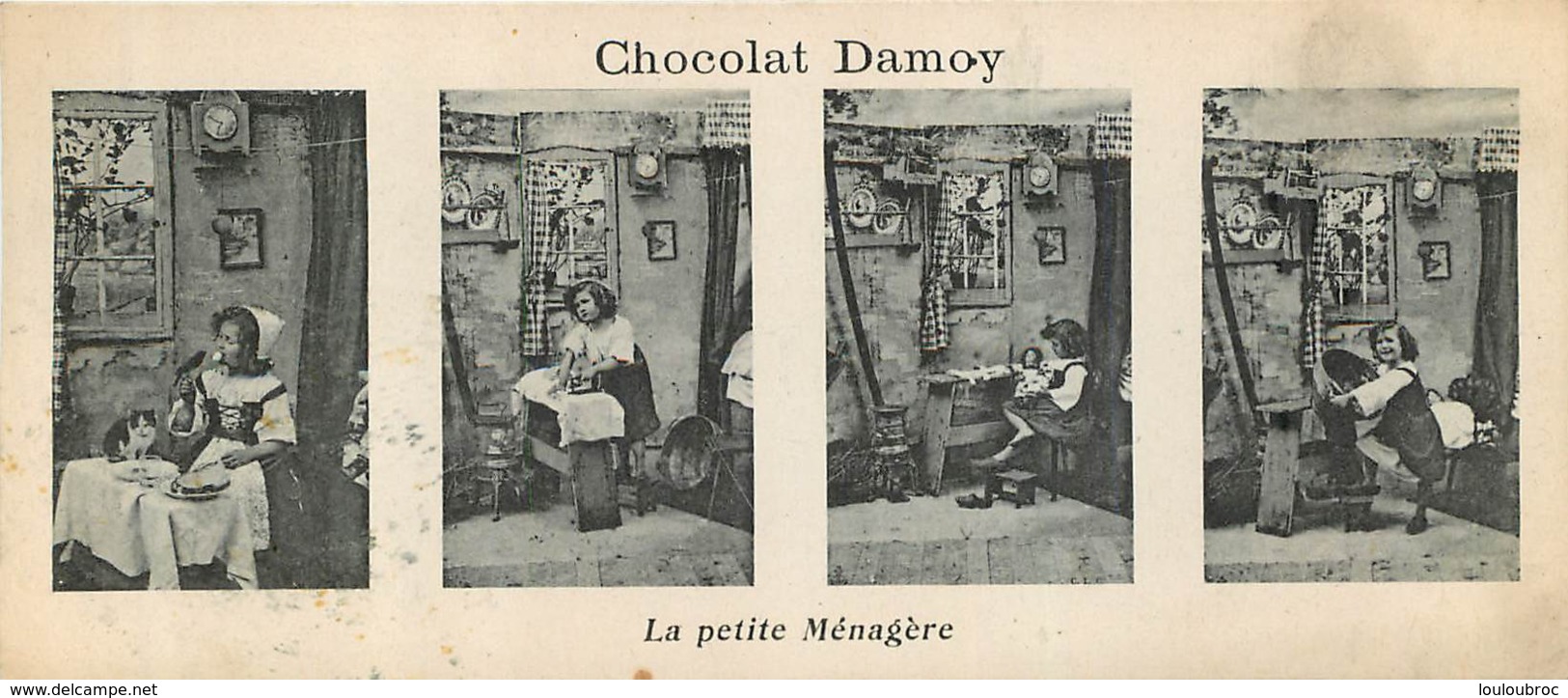 CHROMO CHOCOLAT DAMOY  4 VUES   LA PETITE MENAGERE  FORMAT 14 X 6 CM - Otros & Sin Clasificación