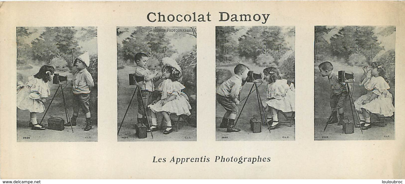 CHROMO CHOCOLAT DAMOY  4 VUES LES APPRENTIS PHOTOGRAPHES  FORMAT 14 X 6 CM - Autres & Non Classés