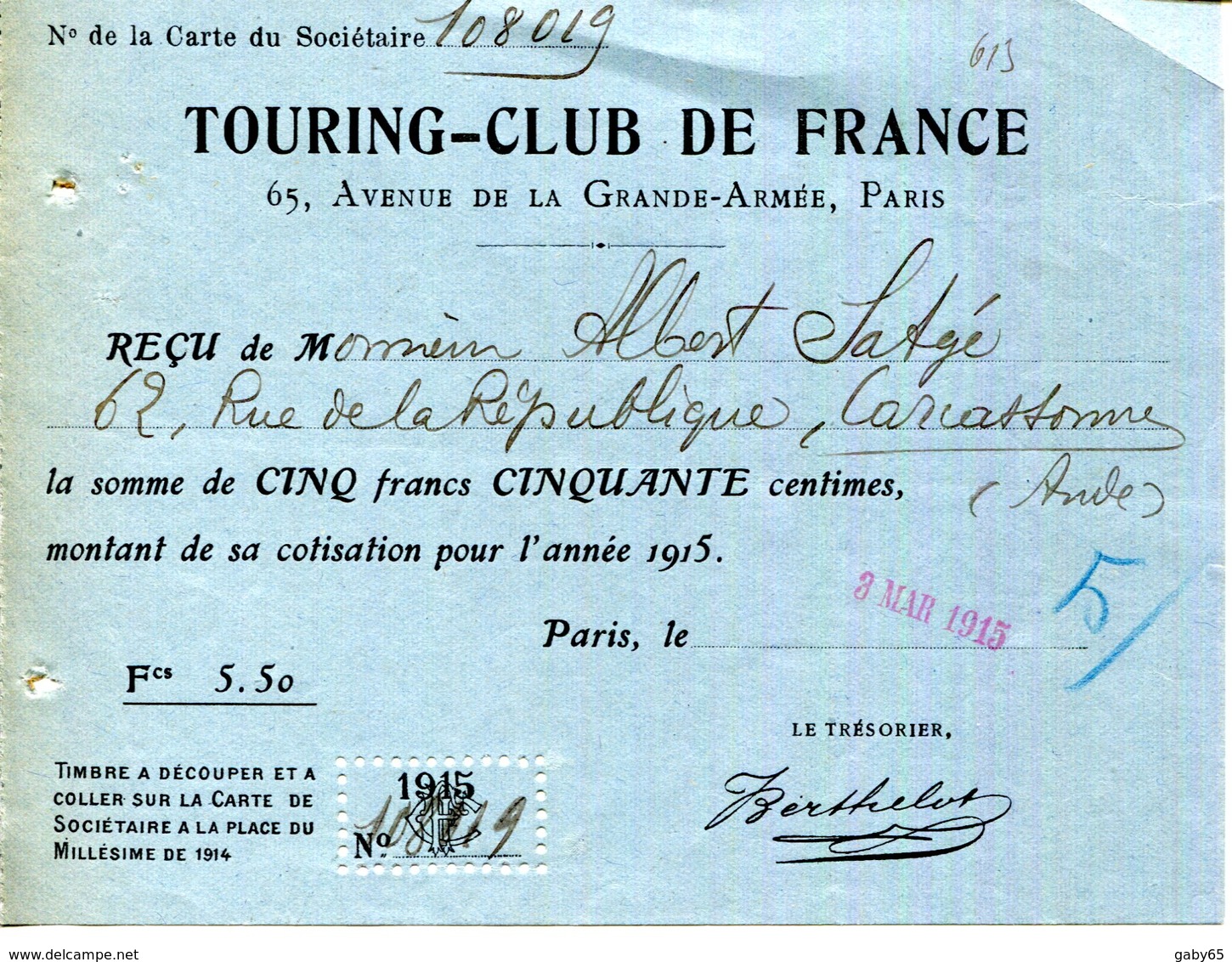 PARIS.REÇU DU TOURING CLUB DE FRANCE 65 AVENUE DE LA GRANDE ARMÉE. - Auto's