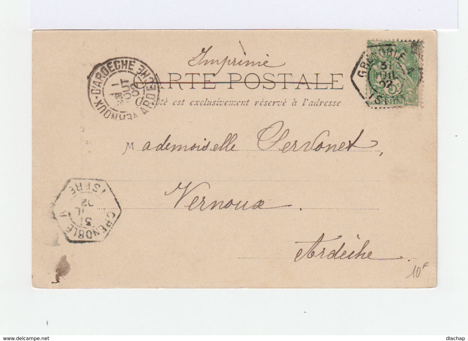 Sur Carte Postale Type Blanc 5 C. Vert CAD Hexagonal Grenoble 1902. CAD Vernoux D'Ardèche. (857) - 1877-1920: Période Semi Moderne