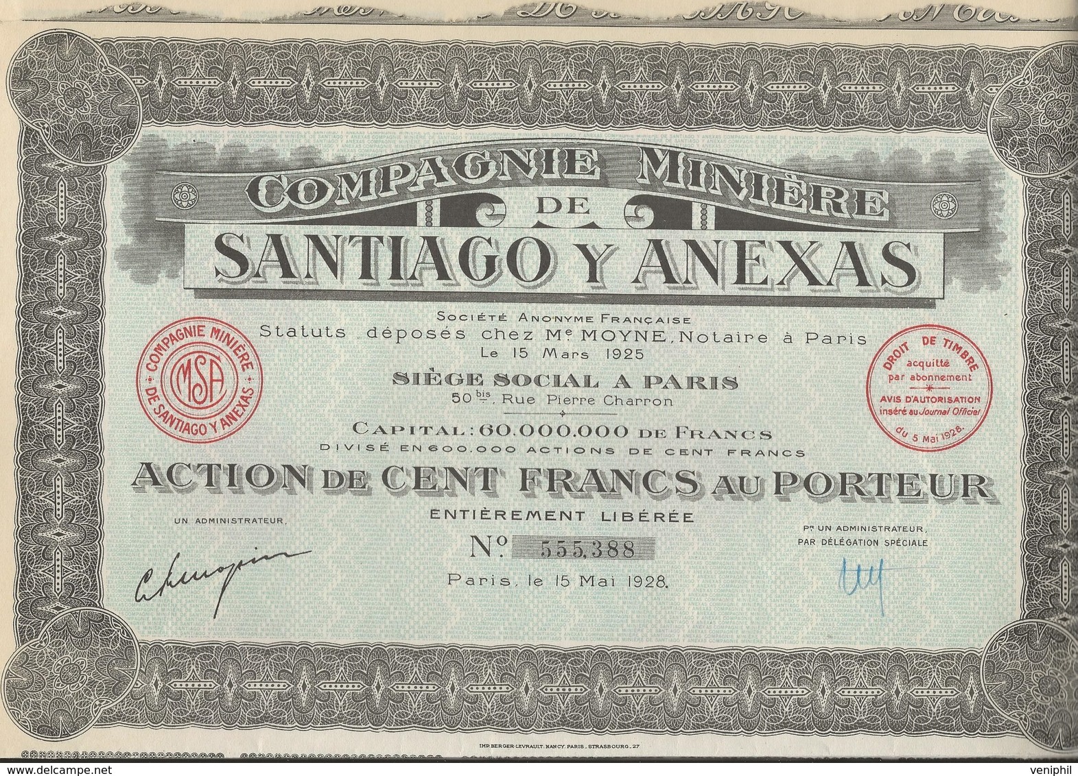 COMPAGNIE MINIERE DE SANTIAGO Y ANEXAS - ANNEE 1928 - Miniere