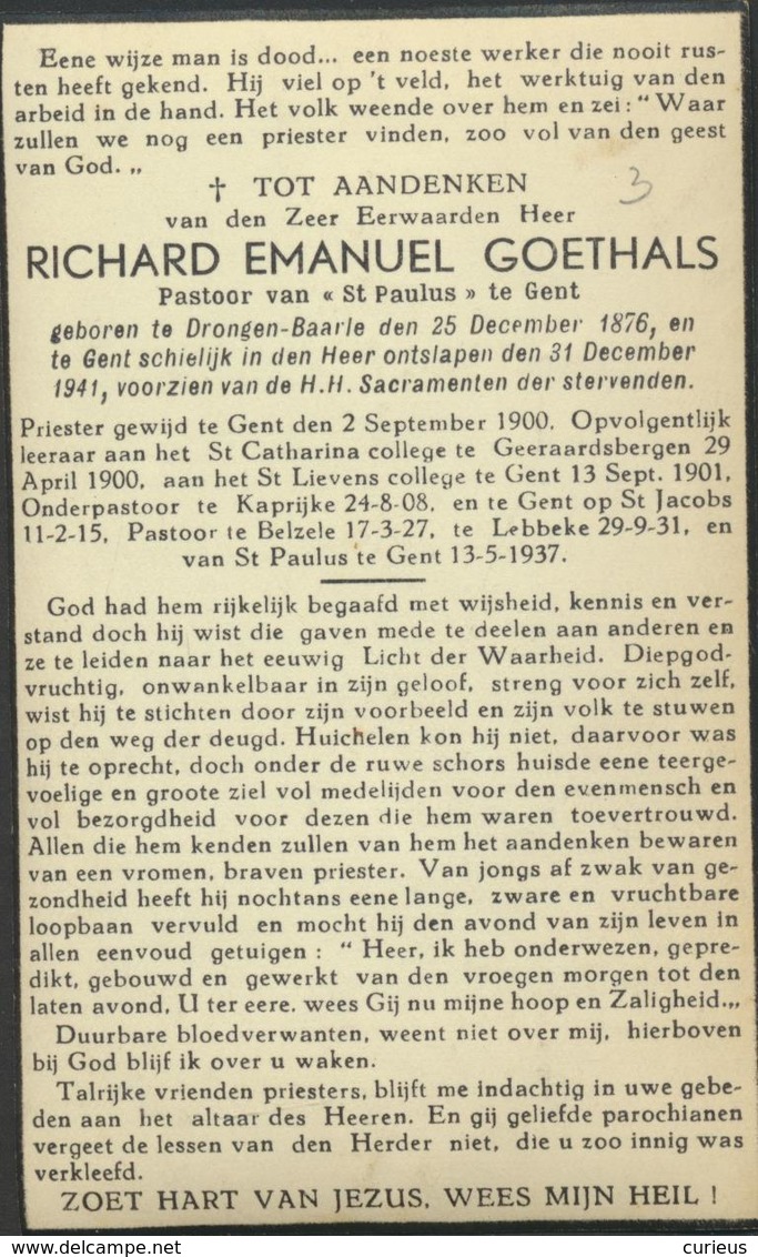 DOODSPRENTJE * RICHARD GOETHALS * PASTOOR ST PAULUS GENT * GEBOREN BAARLE-DRONGEN * 1876-1941 - Décès