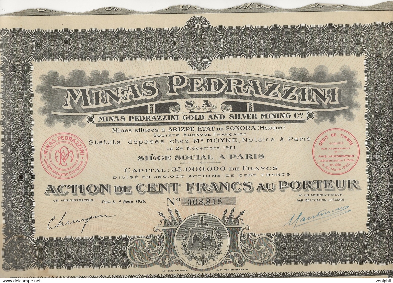MINES PEDRAZZINI - MEXIQUE ANNEE 1926 -LOT DE 5  ACTION DE 100 FRS - Miniere