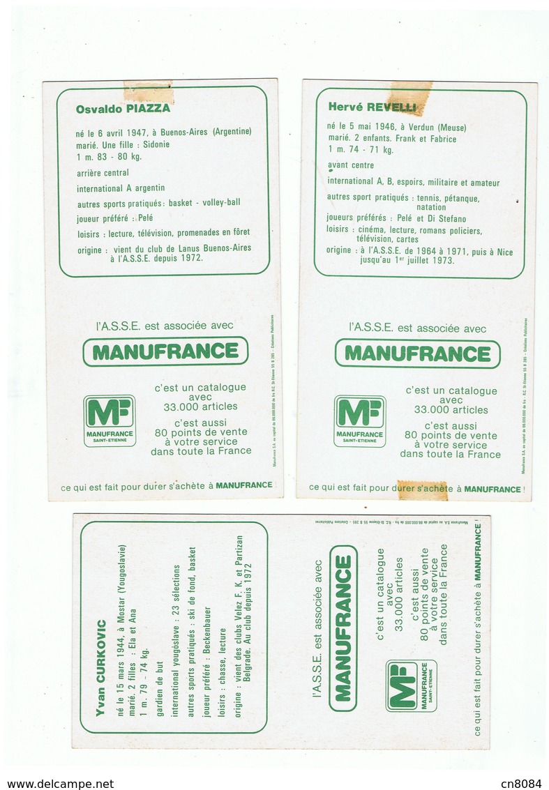 ST ETIENNE - A S S E -  3 CARTES JOUEURS FOOTBALL   CURKOVIC , HERVE REVELLI , PIAZZA  - Verso Publicité MANUFRANCE - Football