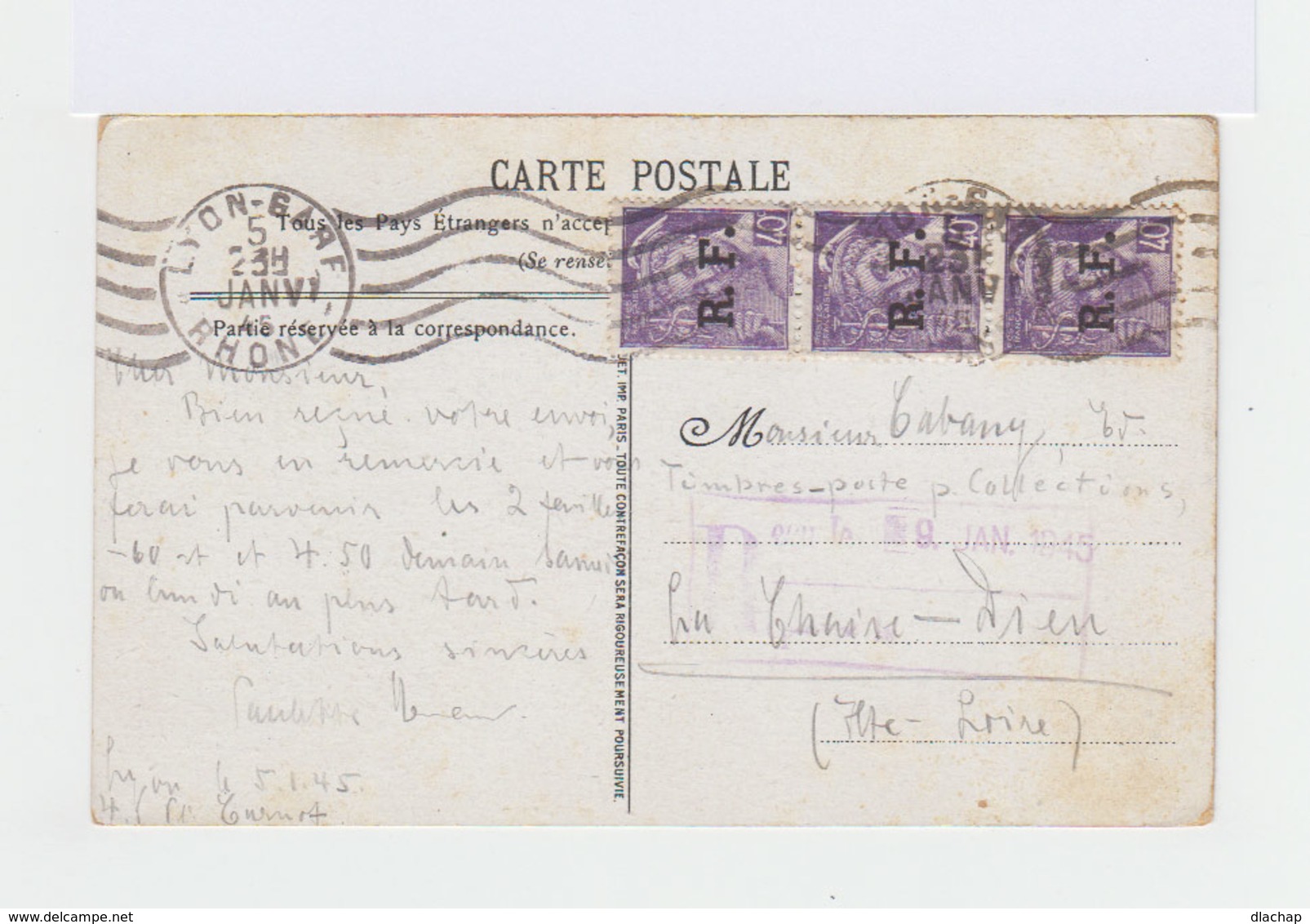 Sur Carte Postale Trois Types Mercure 40 C. Violet Surchargés RF. CAD Lyon Gare 1945. Lignes Ondulés Continues. (863) - Liberación