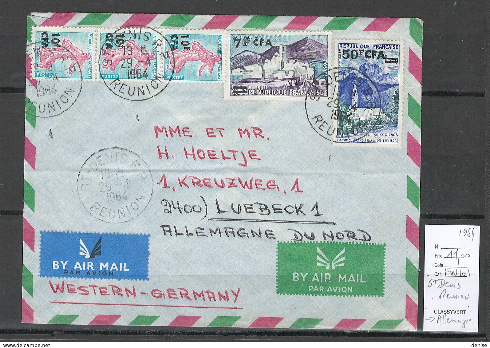 Reunion - Lettre Saint Denis Pour Lubeck - Allemagne - 1964 - Covers & Documents