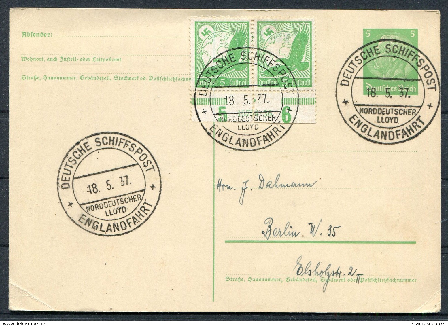 1937 North German Line Ship Stationery Postcard, Seepost Deutsche Schiffspost NDL STUTTGART Englandfahrt. - Briefe U. Dokumente