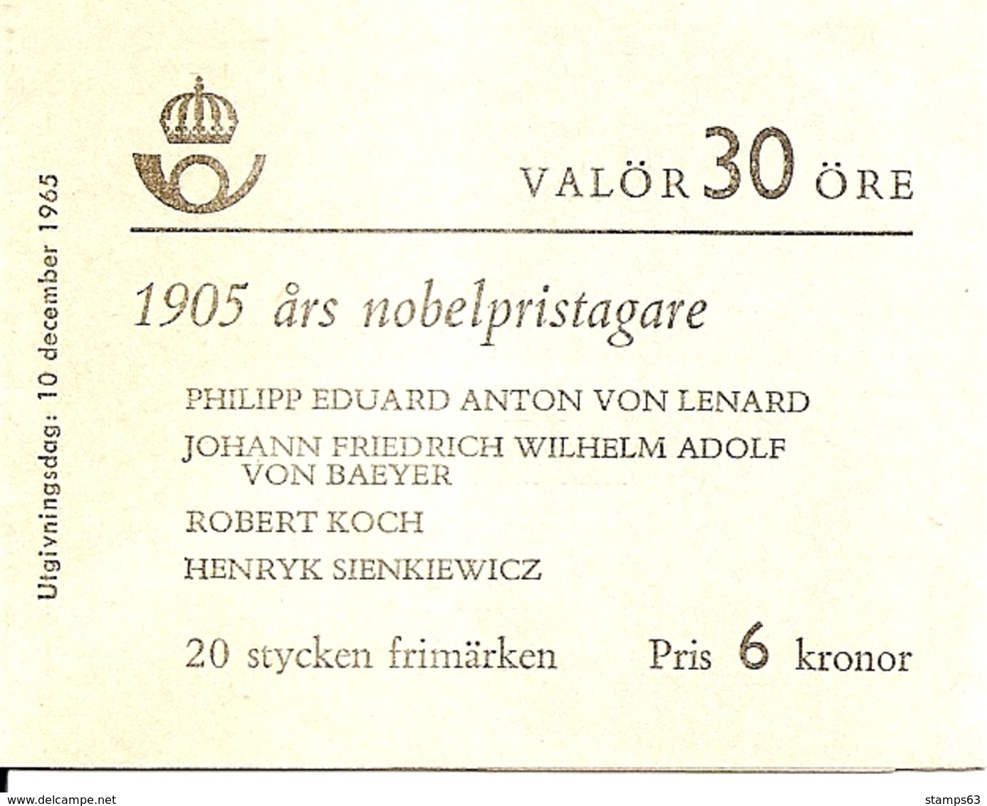 SWEDEN, 1965, Booklet 173 (Facit), Mi 542,  Nobelprice 1905 - 1951-80