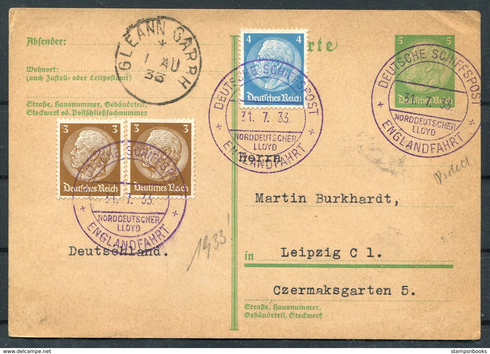 1933 North German Line Ship Stationery Postcard, Deutsche Schiffspost NDL Englandfahrt. Gleann Garbh, Cork Ireland - Briefe U. Dokumente