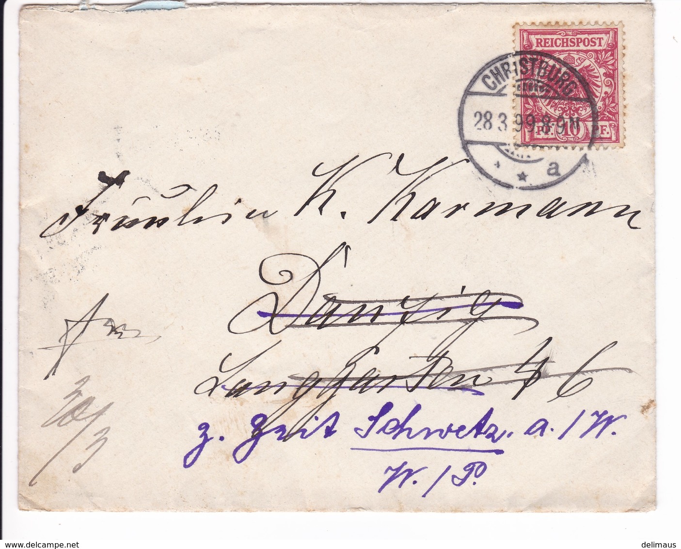 Brief Christburg 28.3.1899 Nach Danzig Weiterleitung Nach Schwetz - Sonstige & Ohne Zuordnung