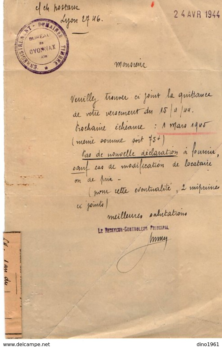 VP13.360 - 1944 - Petite Lettre Du Bureau De L'Enregistrement Des Domaines & Timbres D'OYONNAX - Collections