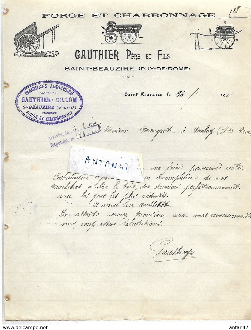 Facture 1911 / 63 SAINT BEAUZIRE / GAUTHIER Père Et Fils / Forge Et Charronnage - 1900 – 1949