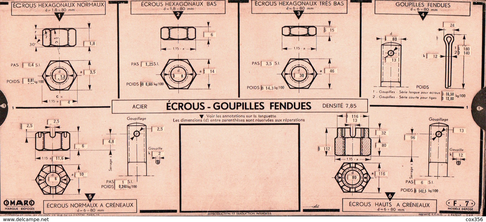 Règle à Calcul OMARO . Écrous Goupilles Fendues - Autres & Non Classés