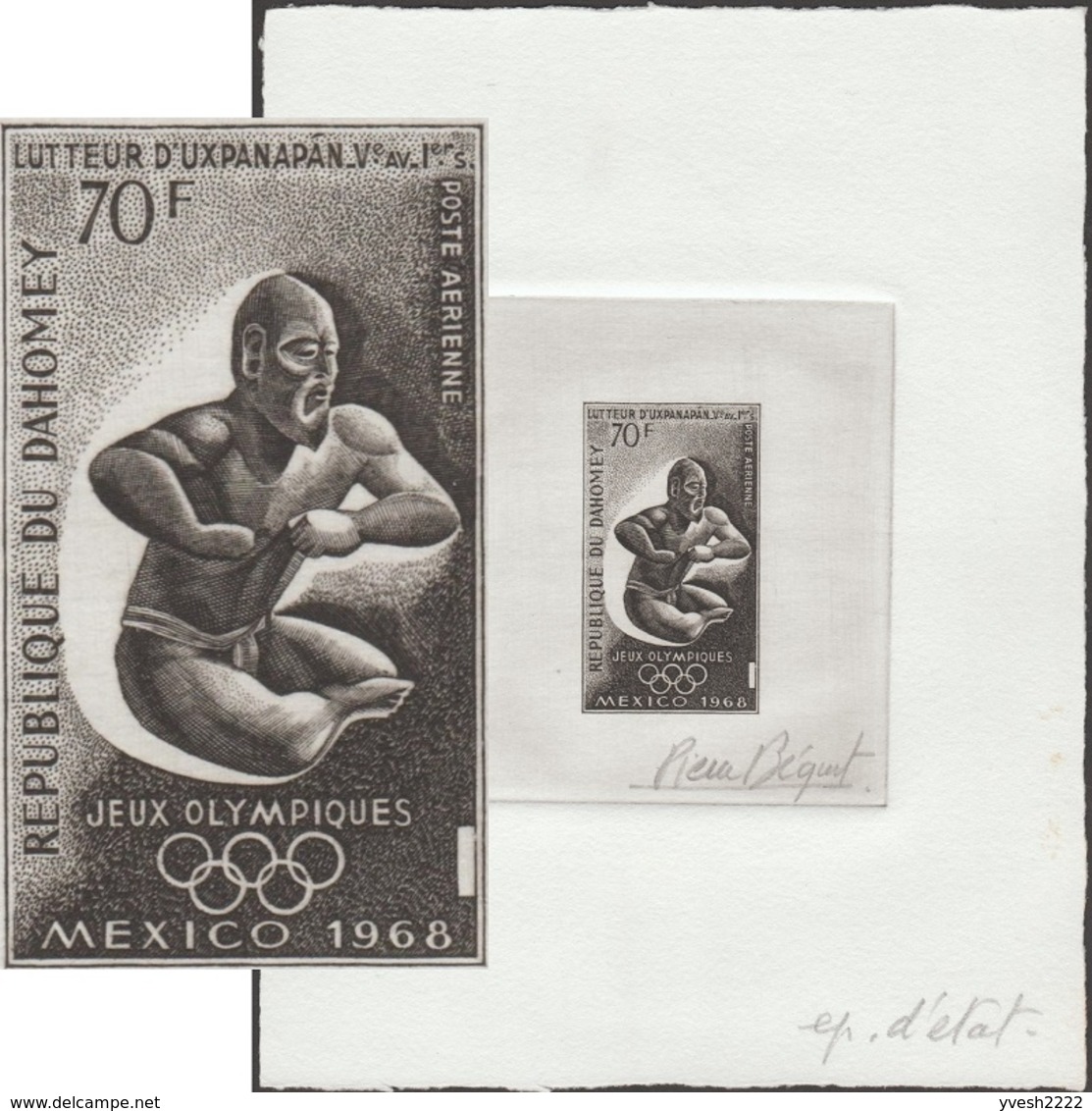 Dahomey 1968 Y&T PA 91. Épreuve D'artiste. Jeux Olympiques De Mexico. Lutteur Uxpanapan En Basalte, Culture La Venta - Wrestling