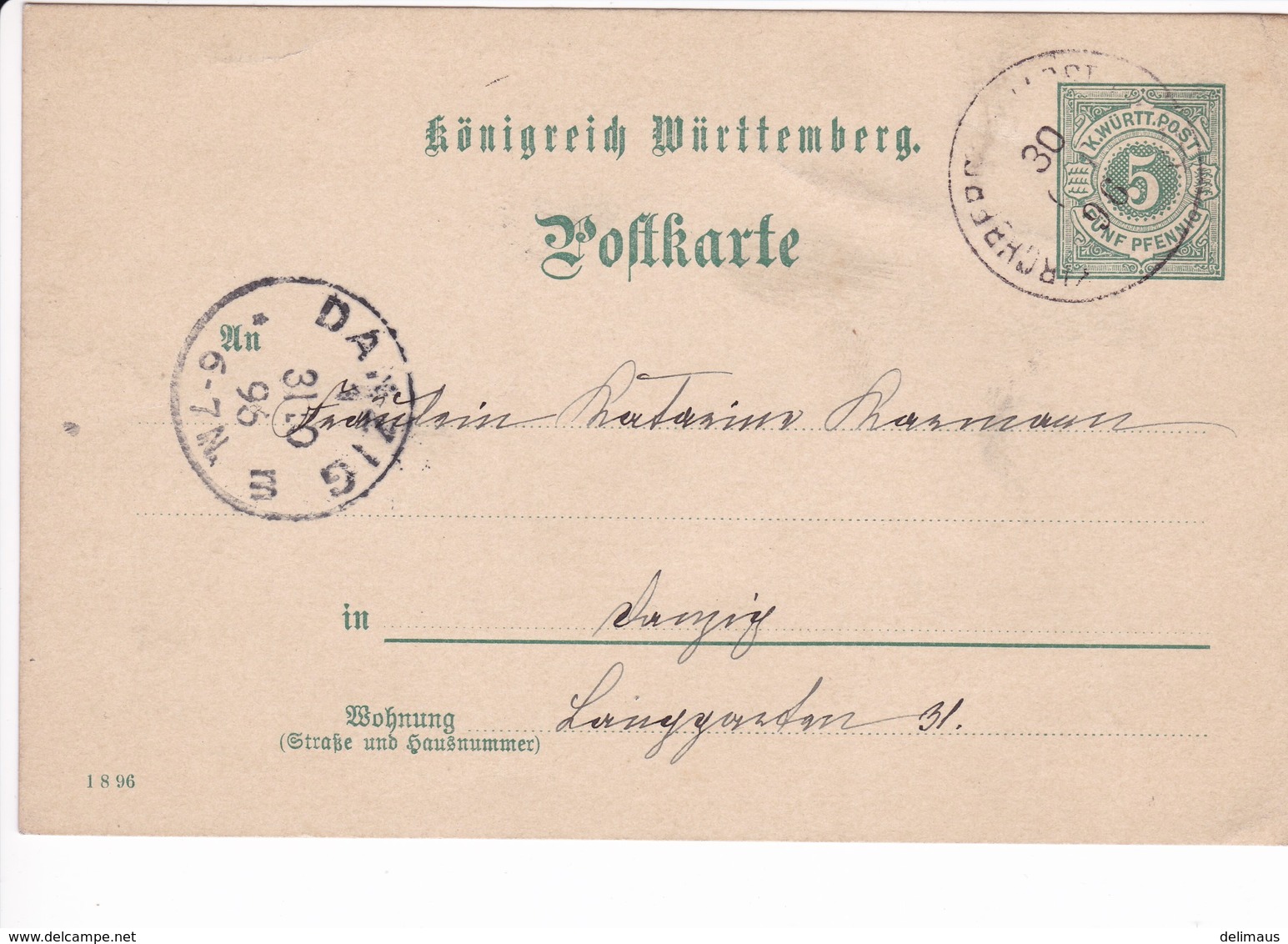 Ganzsache Württenberg P37 Druckdatum 1 8 96, Nach Danzig  30.10.1896 - Sonstige & Ohne Zuordnung