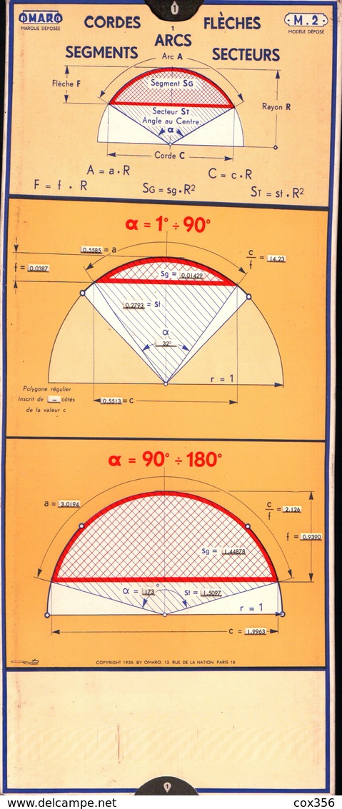 Règle à Calcul OMARO . Cordes Flèches Arcs Segments A Secteurs - Autres & Non Classés