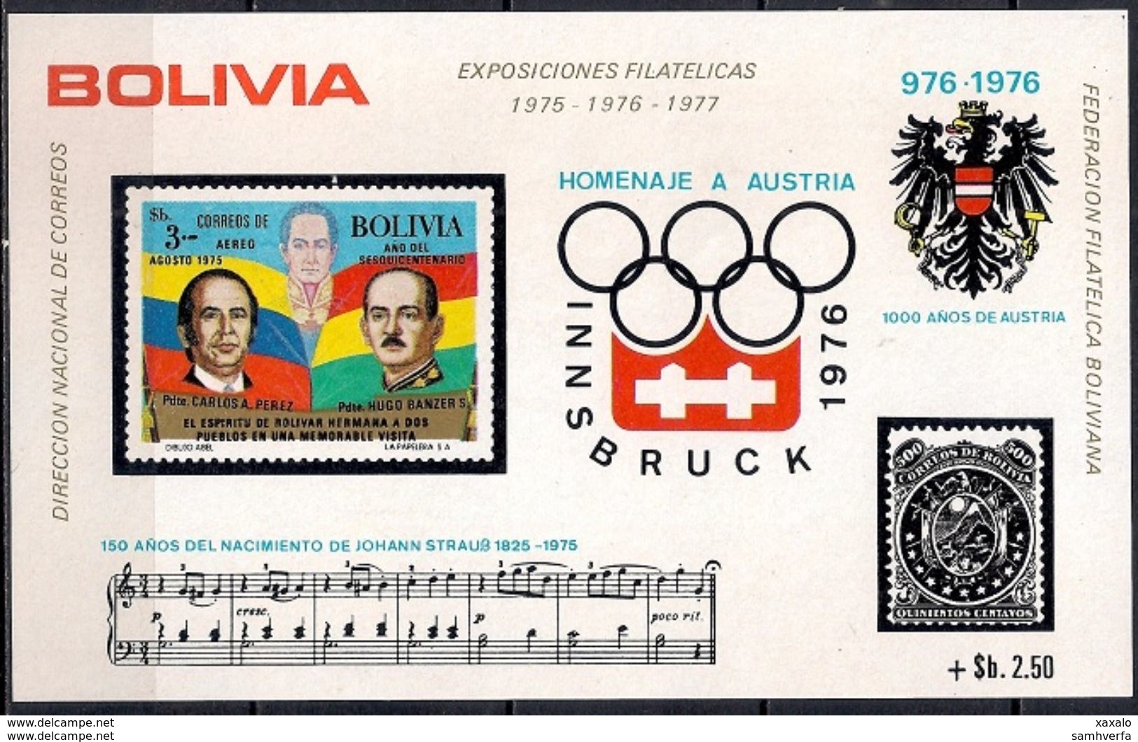 Winter Olympic Games Of Innsbruck - Music Johann Strauss Anniversary - Block Bolivia 1975 (Cat +25 €) MINT - Bolivia