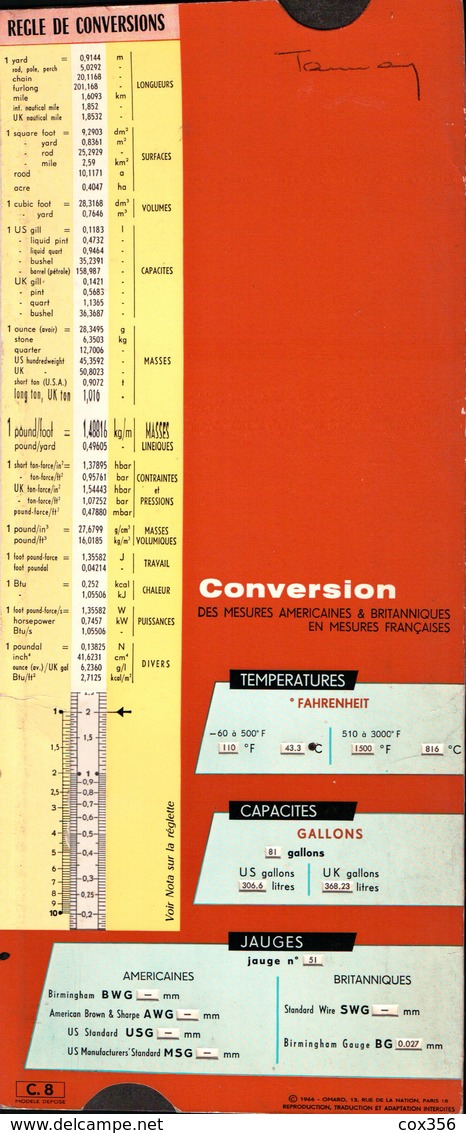 Règle à Calcul OMARO . Conversion Mesures AMÉRICAINES Et BRITANNIQUES En Mesures FRANÇAISES - Autres & Non Classés