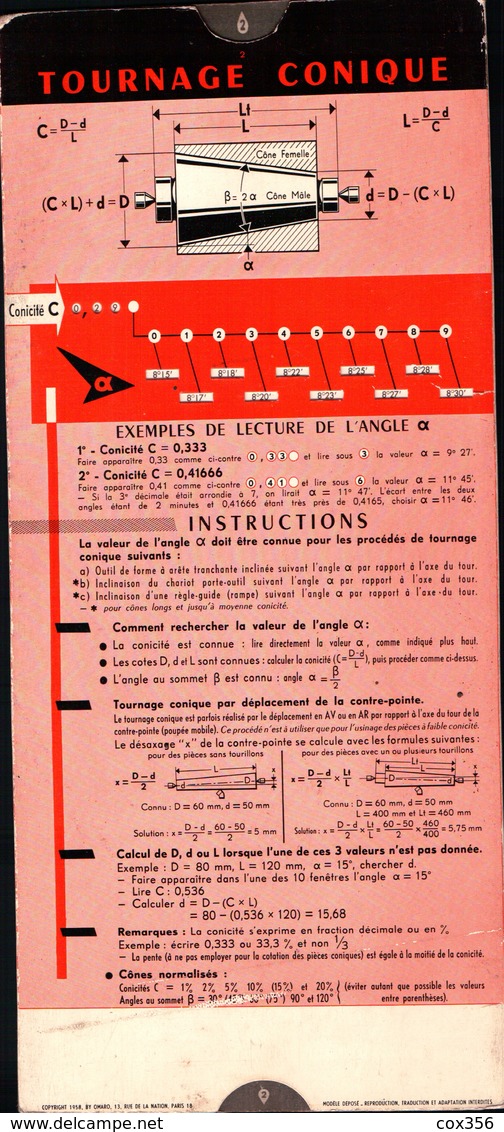 Règle à Calcul OMARO . Usinage Perçage Tournage Conique - Autres & Non Classés