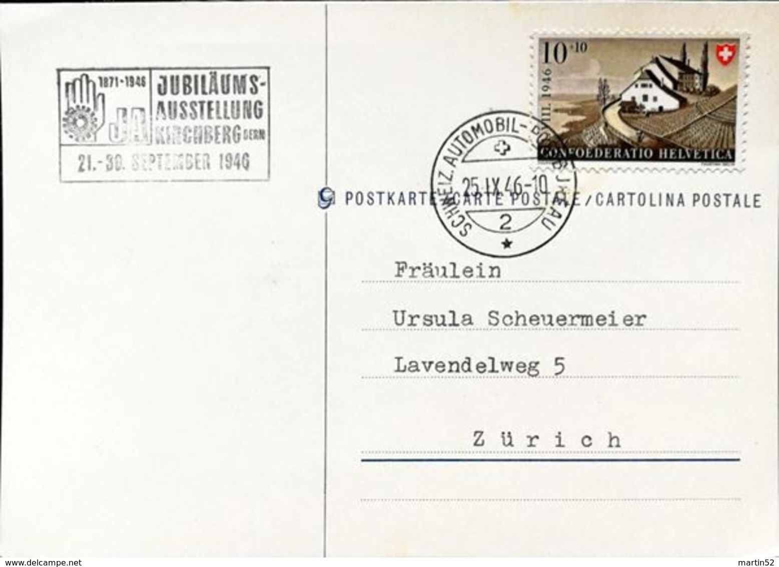 Schweiz Suisse 1946: Karte Mit  Zu PP31 Mi 472 Yv 429 Mit Automobilpost-o KIRCHBERG BERN 24.IX.46 JUBILÄUMS-AUSSTELLUNG - Lettres & Documents