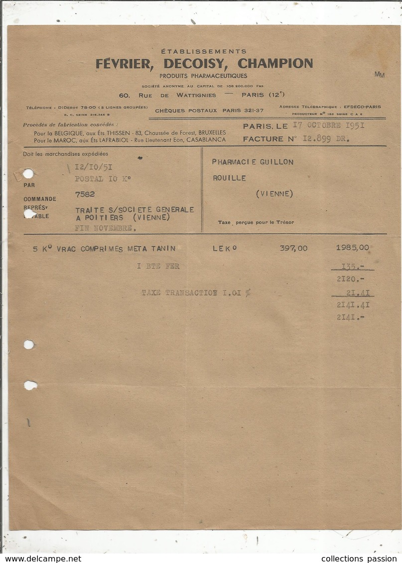 Facture , établissements FEVRIER , DECOISY ,CHAMPION ,produits Pharmaceutiques,1951 ,PARIS 12 E ,frais Fr 1.45 E - 1950 - ...