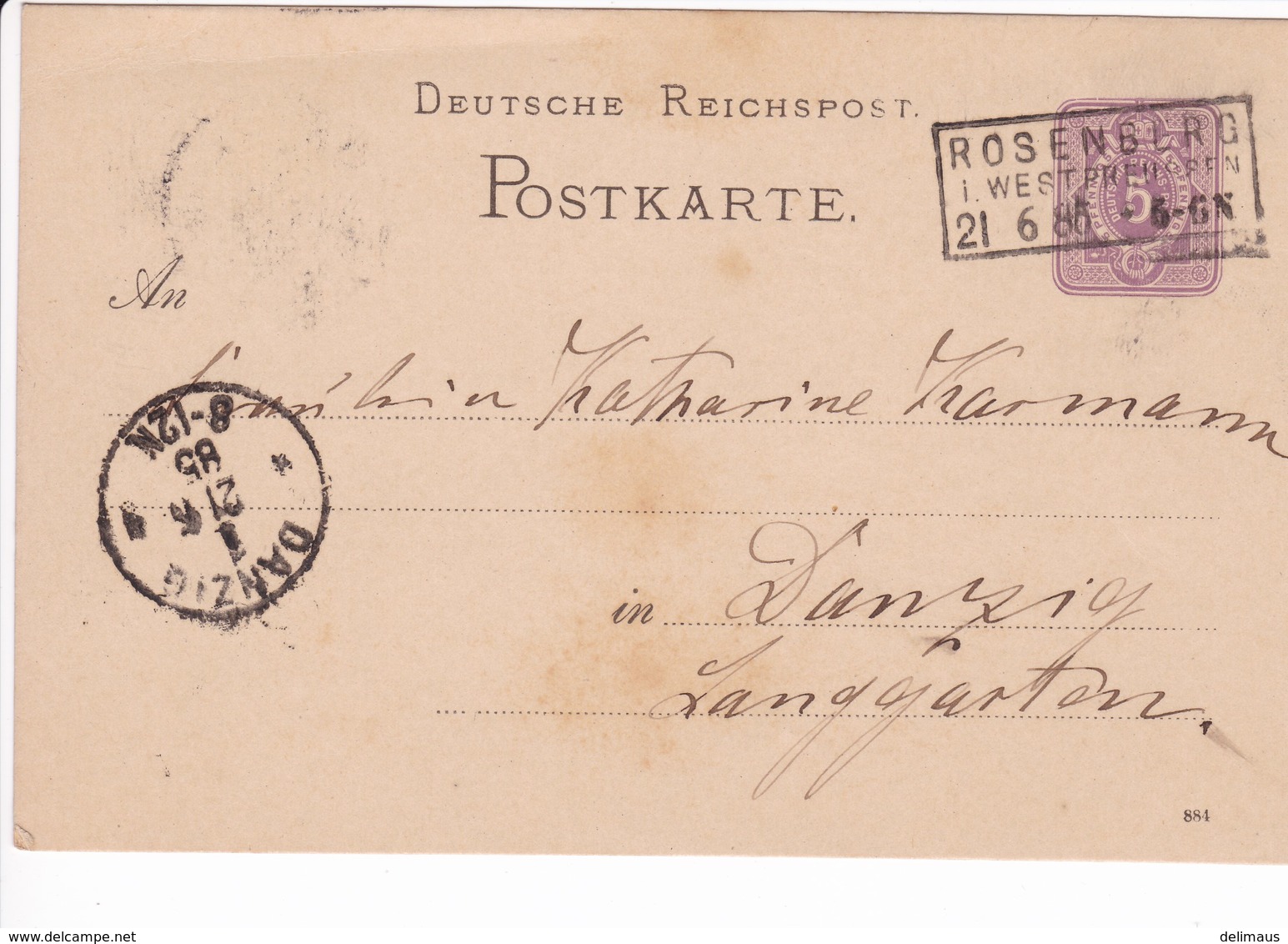 Ganzsache DR P12/02 884, Rosenberg 21.6.1885  Nach Danzig - Sonstige & Ohne Zuordnung