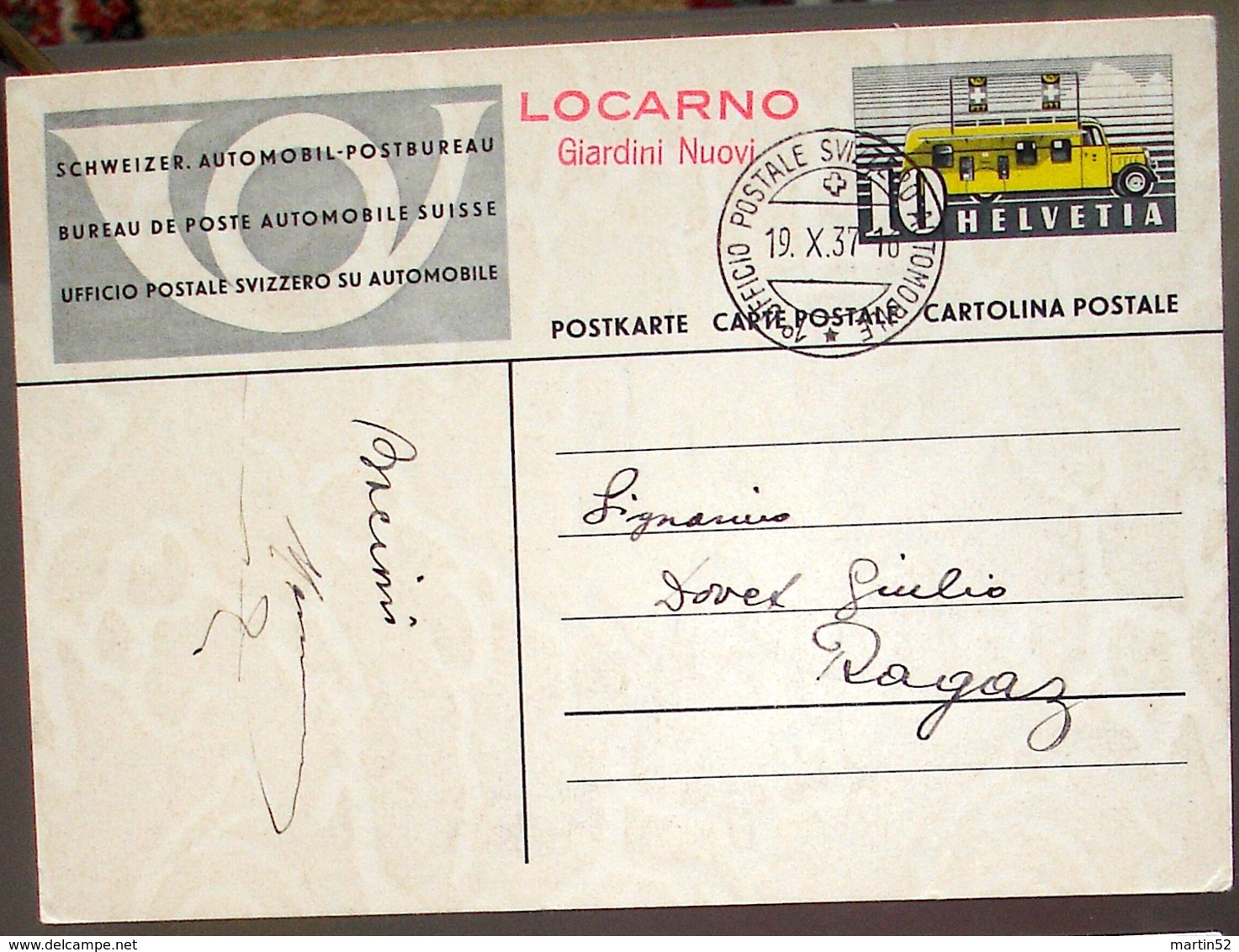 Schweiz Suisse 1937: CP Con O 1°UFFICIO POSTALE SVIZZERO AUTOMOBILE 19.X.37 LOCARNO Giardini Nuovi - Entiers Postaux