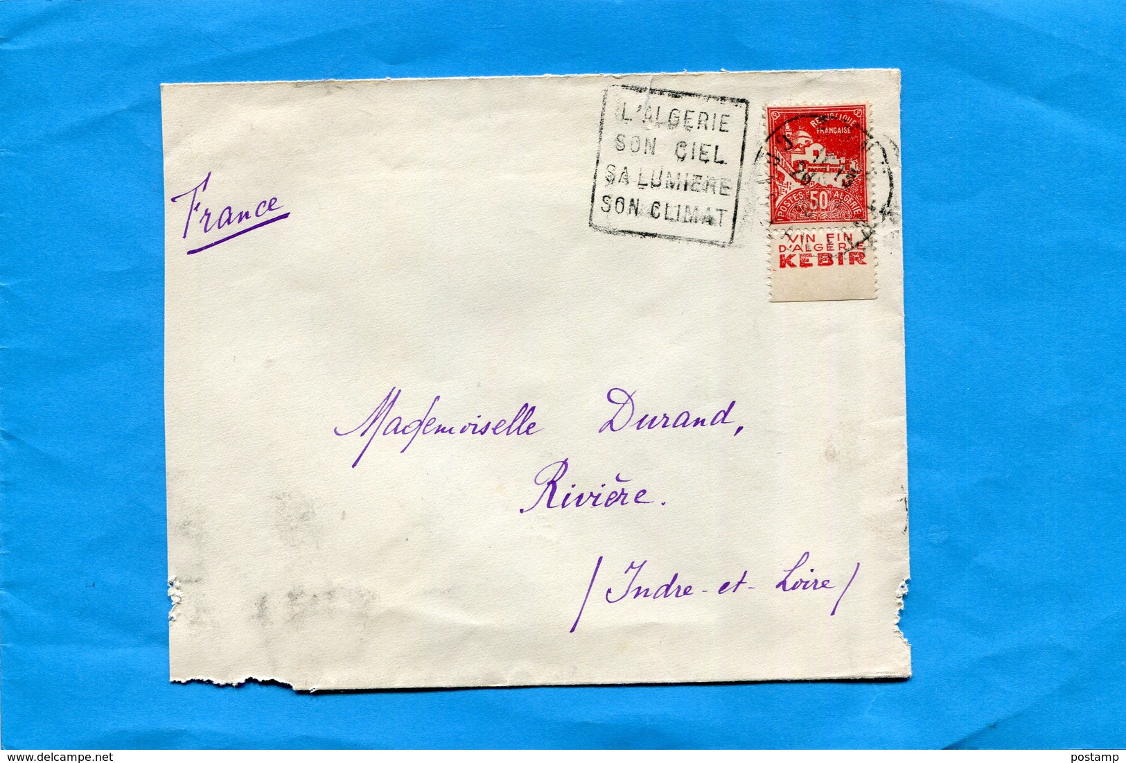 ALGERIE-lettre Pour Françe -cad BONE- 1936-affrat Timbre 79a Pub  Vin KEBIR-cachet Hexagonal Arrivée RIVIERE - Lettres & Documents