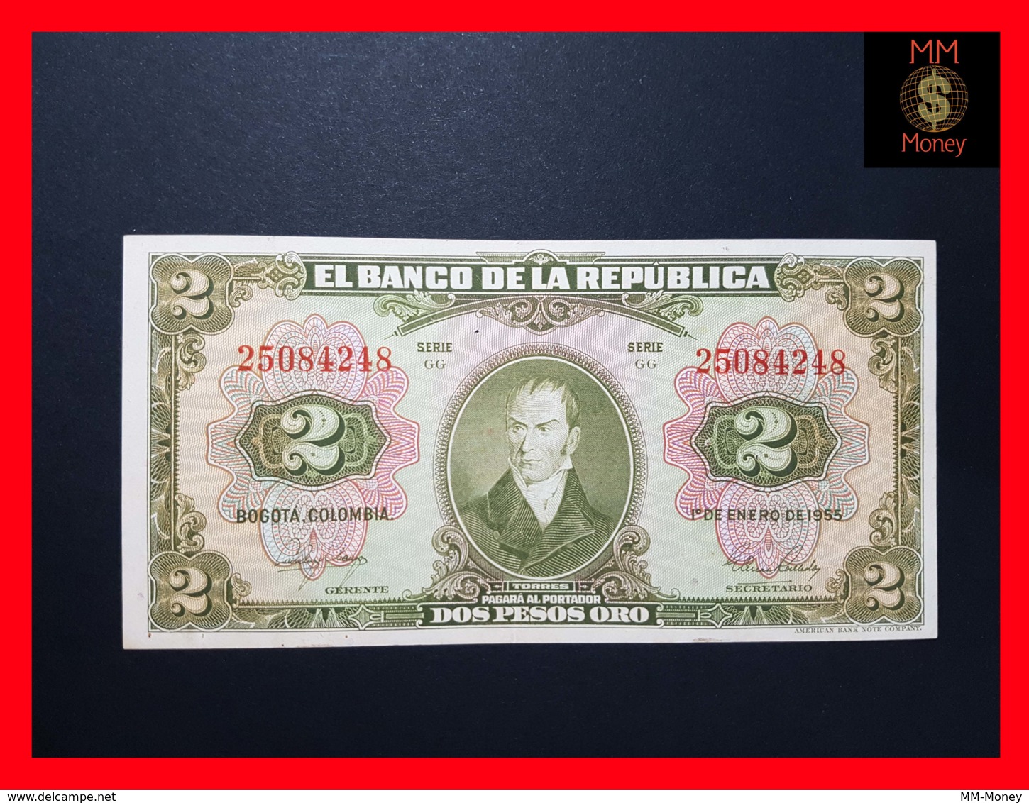 COLOMBIA 2 Pesos Oro 1.1.1955  P. 390 D  VF+ - Colombie