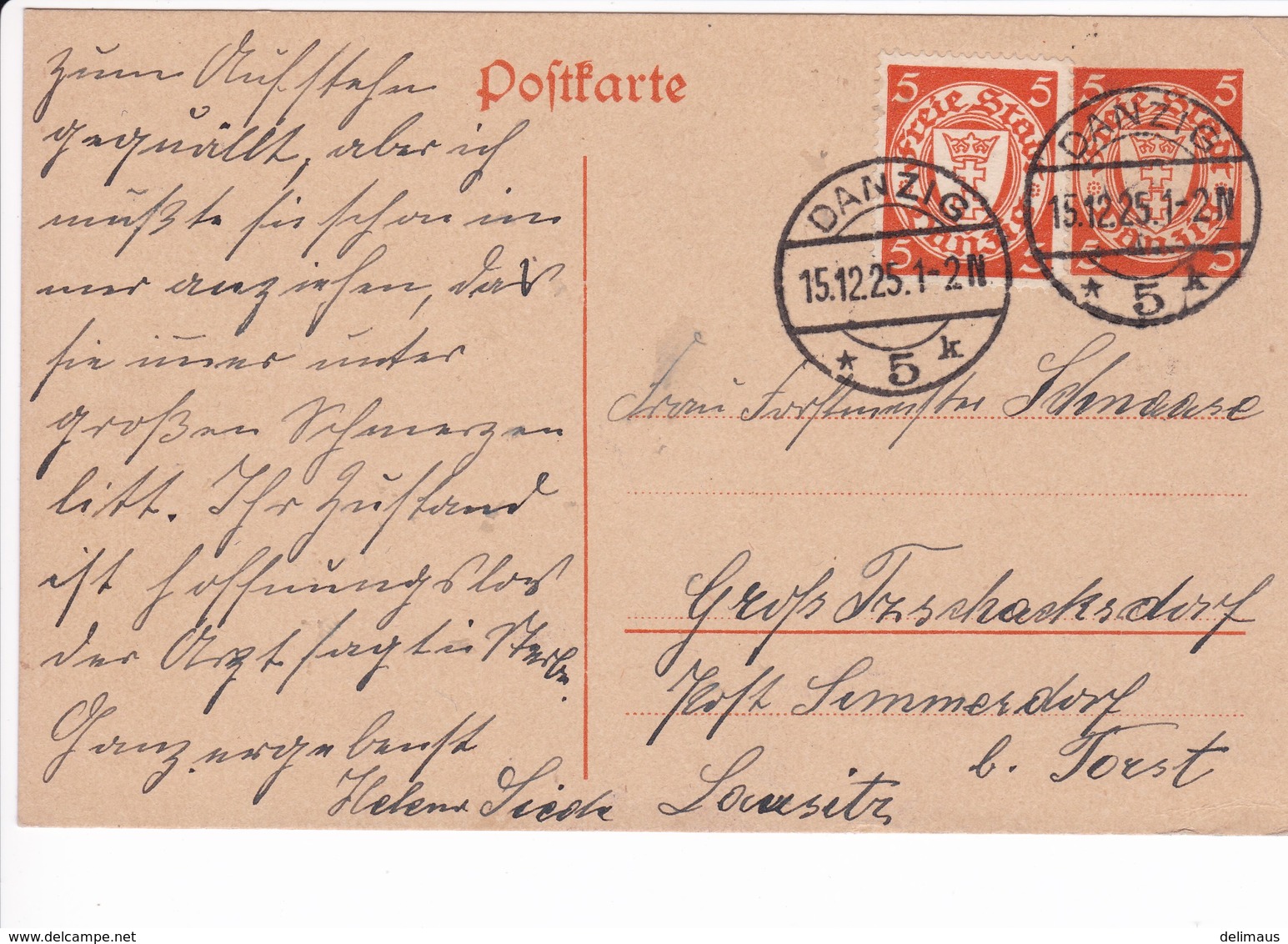 Ganzsache Danzig 15.12.1925 Nach Groß Tzschacksdorf - Enteros Postales