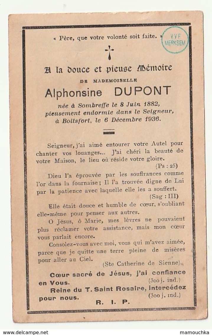 Décès Alphonsine DUPONT Sombreffe 1882 Boitsfort Bosvoorde 1936 Abbaye Maredret 313 - Images Religieuses