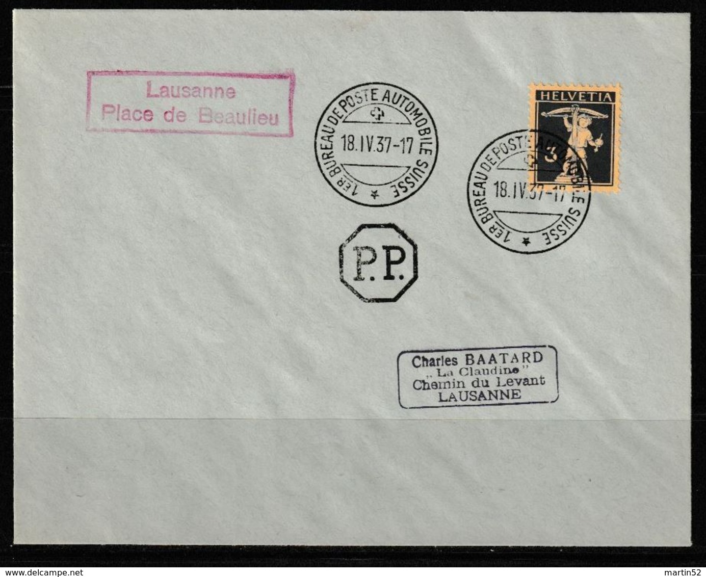 Schweiz Suisse 1937:  O BUREAU DE POSTE AUTOMOBILE 18.IV.37 LAUSANNE Place De Beaulieu (Zu CHF 20.00++) - Lettres & Documents