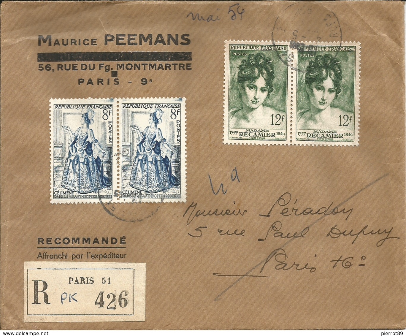 Lettre Recommandé Du 1954 Avec 2 N° 956,2 N°875,au Verso N° 864 Et Un N° 697 - 1921-1960: Modern Period