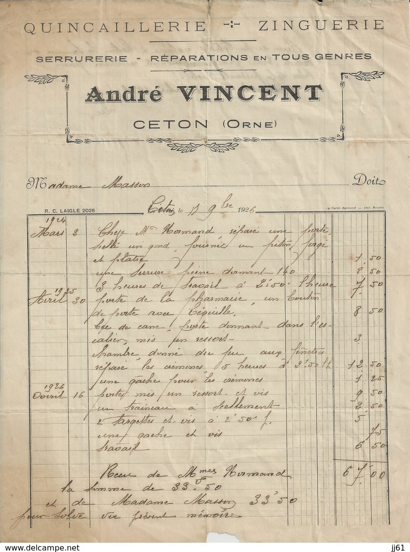 CETON ANDRE VINCENT QUICAILLERIE ZINGUERIE SERRURERIE ANNEE 1926 A MME MASSON - Autres & Non Classés