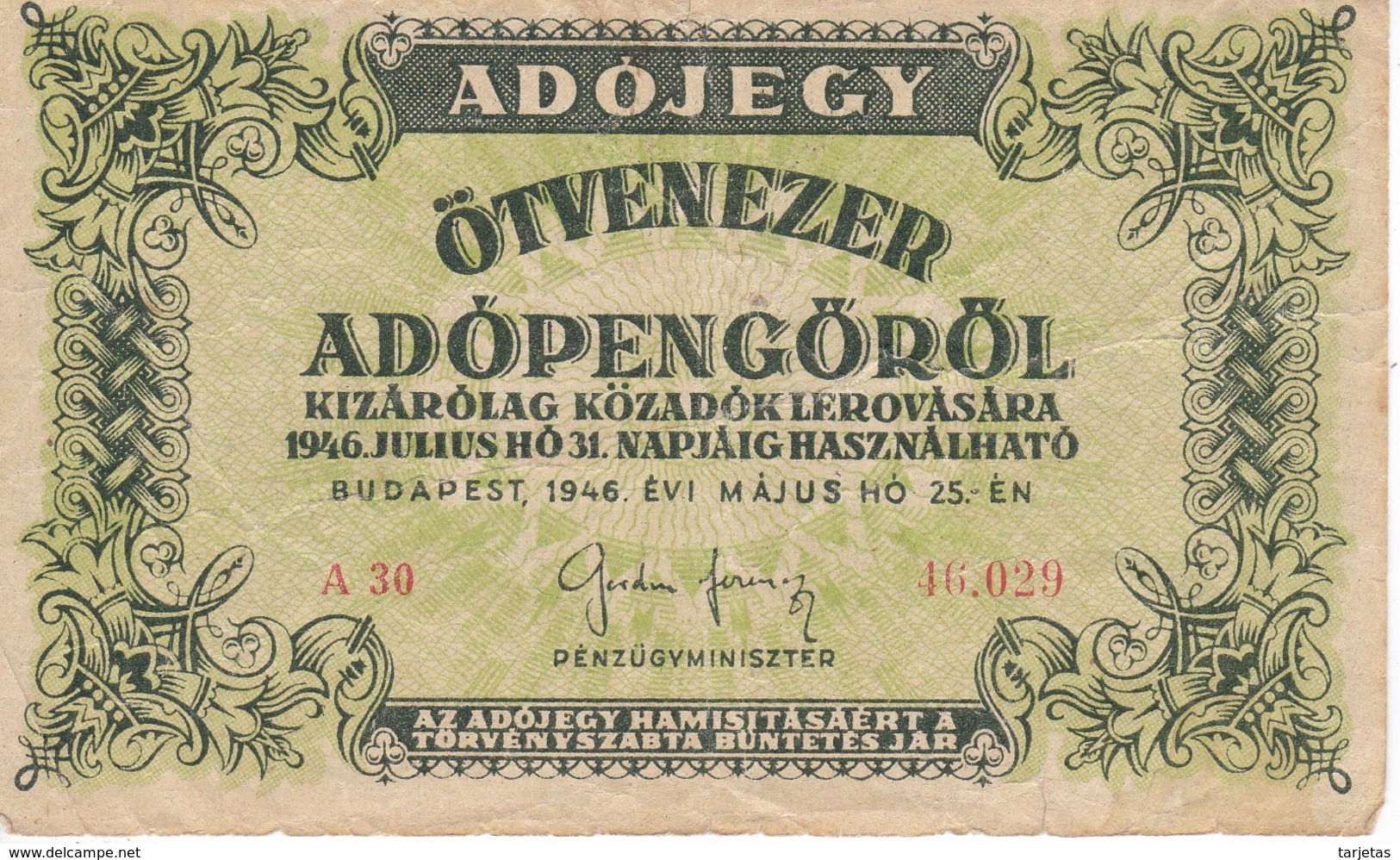 BILLETE DE HUNGRIA DE 50000 ADOPENGO DEL AÑO 1946  (BANKNOTE) - Hungary