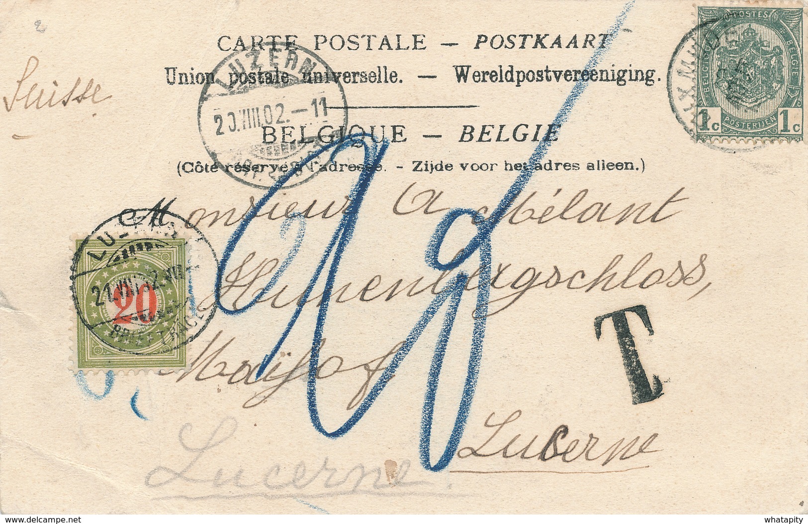 532/27 - Carte-Vue Moulin TP Armoiries DIXMUDE 1902 Vers LUCERNE Suisse - Taxée 20 C LUZERN - Lettres & Documents