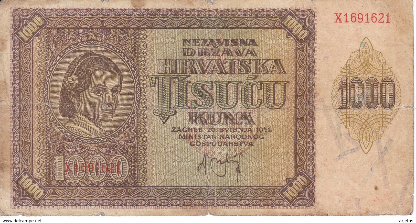 BILLETE DE CROACIA DE 1000 KUNA DEL AÑO 1941 (BANKNOTE) - Croacia