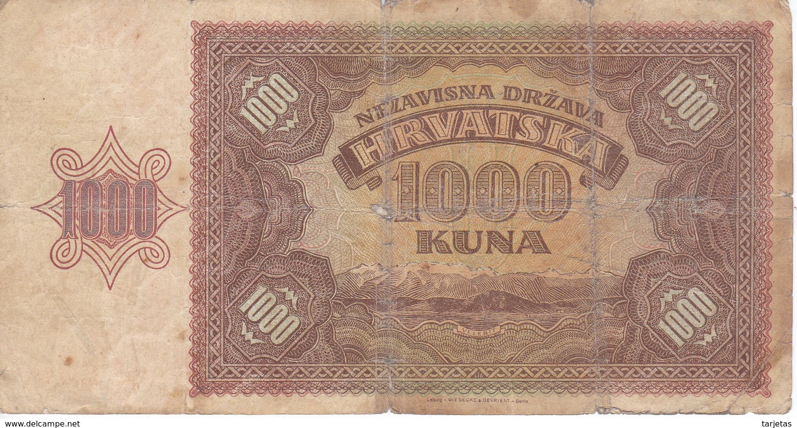 BILLETE DE CROACIA DE 1000 KUNA DEL AÑO 1941 (BANKNOTE) - Croacia