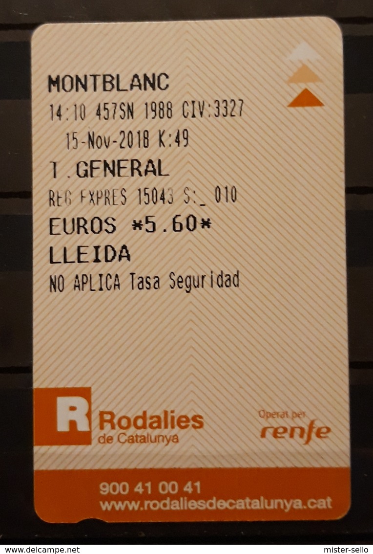 2018 RENFE ESPAÑA. TICKET  DE TREN. MONTBLANC - LLEIDA - Europa