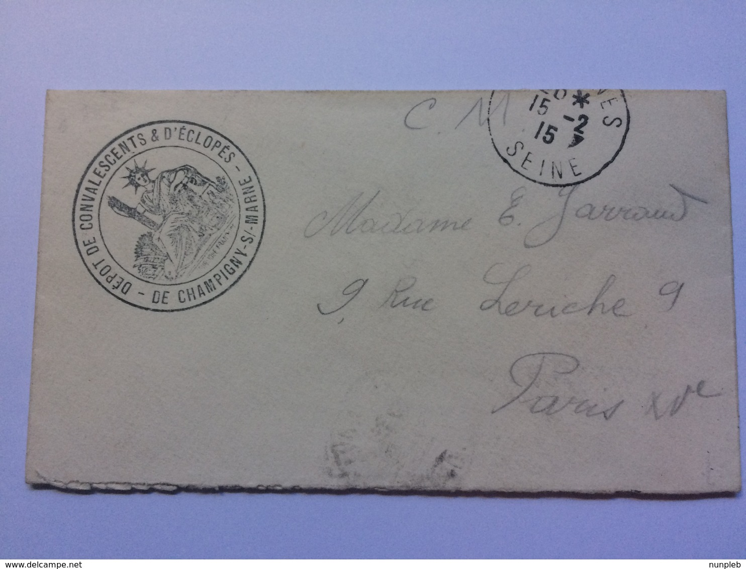 FRANCE WW1 Military Cover 1915 `Depot De Convalescents & D`Eclopes` Cachet - 1876-1898 Sage (Type II)