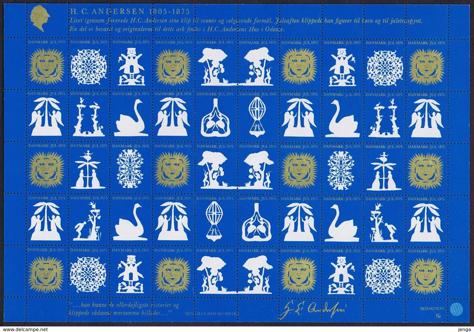 Denmark; Christmas Seals.  Full Sheet 1975; Hans Christian Andersen; Papercut.   MNH (**) - Ganze Bögen