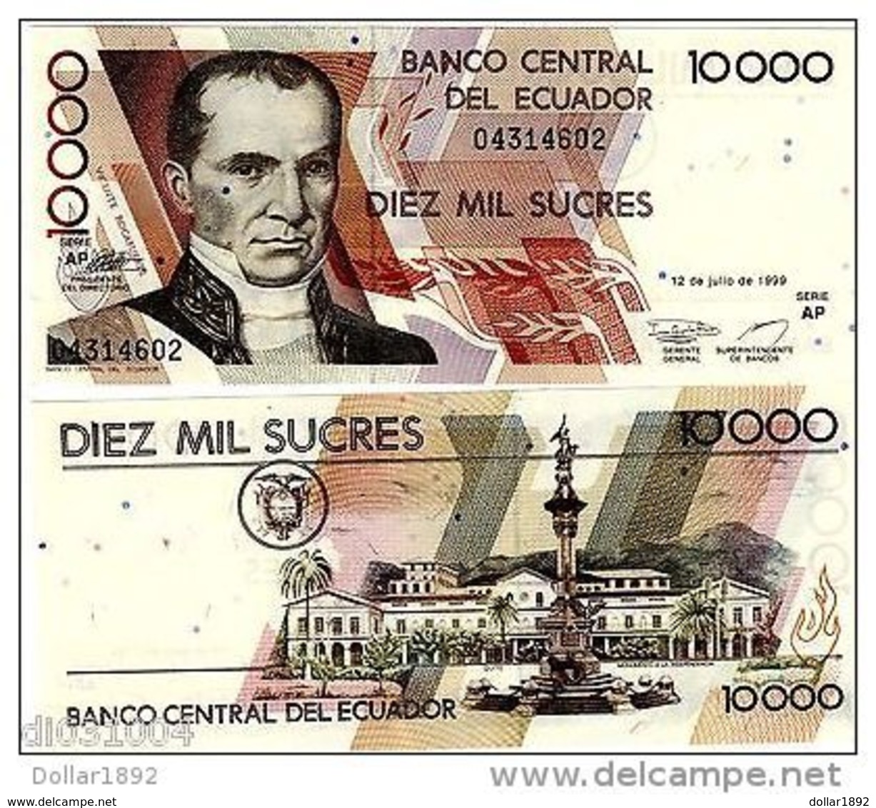 Equateur ECUADOR Billet 10000 Sucres 1999 P127 PRES. MONETRARIA NEUF UNC - Ecuador