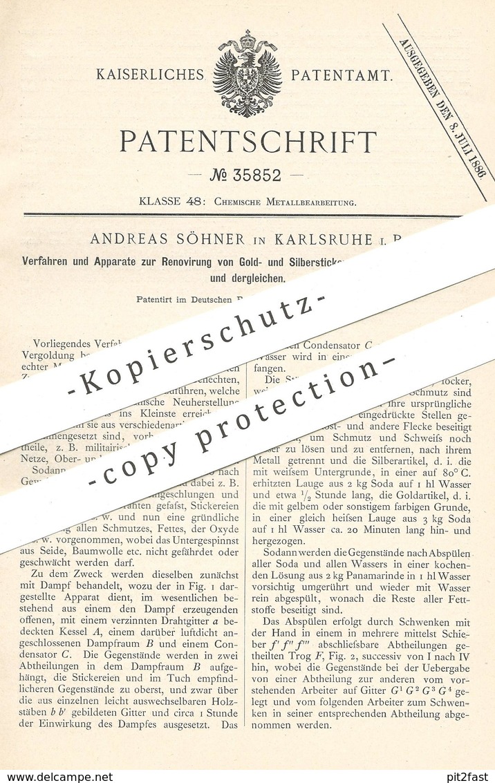Original Patent - Andreas Söhner , Karlsruhe , 1885 , Renovierung Von Stickereien Mit Fäden Aus Gold , Silber | Sticken - Historische Dokumente