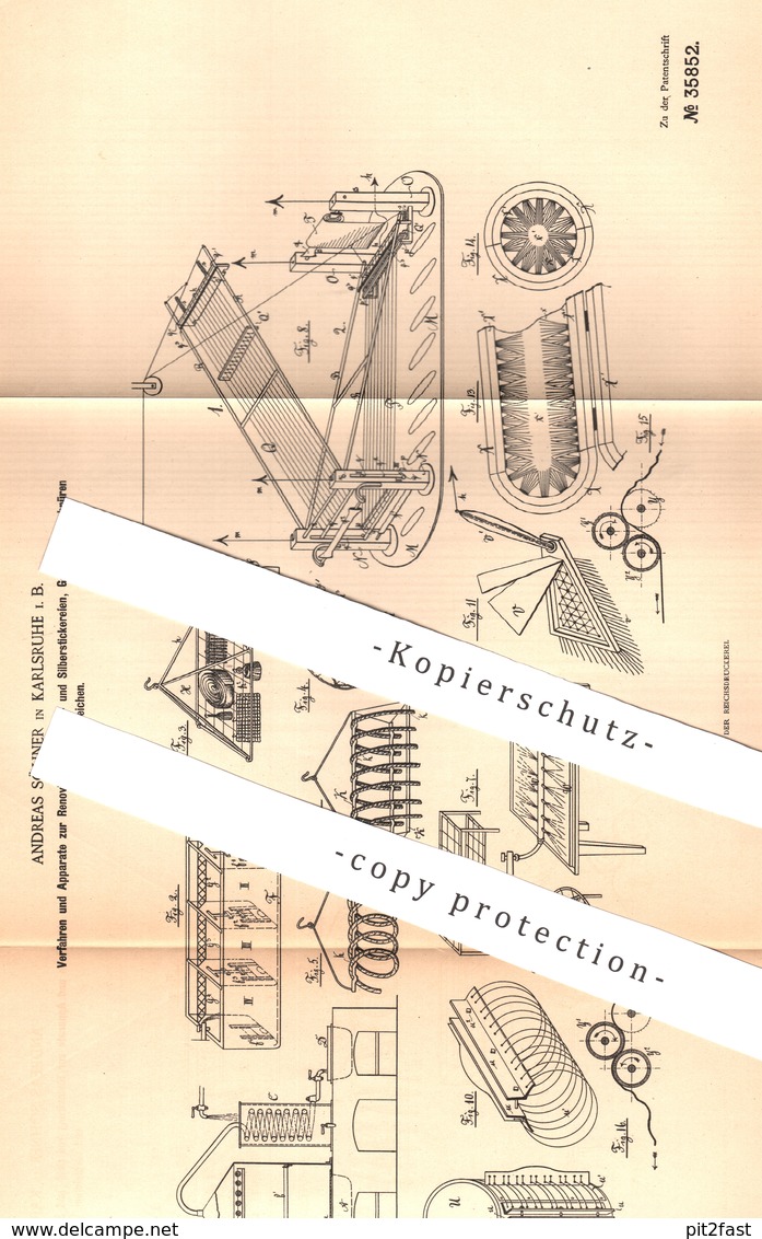 Original Patent - Andreas Söhner , Karlsruhe , 1885 , Renovierung Von Stickereien Mit Fäden Aus Gold , Silber | Sticken - Historische Dokumente