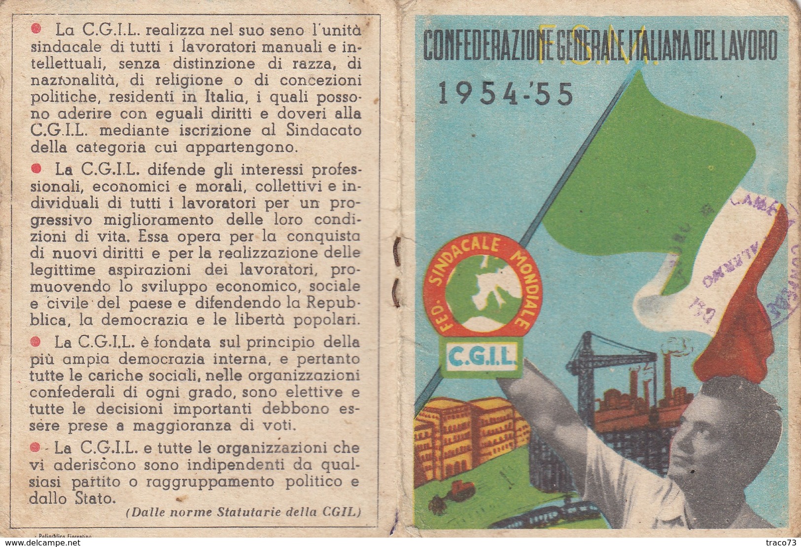 CONFEDERAZIONE ITALIANA DEL LAVORO _ CGIL /   Tessera _ Anno 1954-55 - Documenti Storici