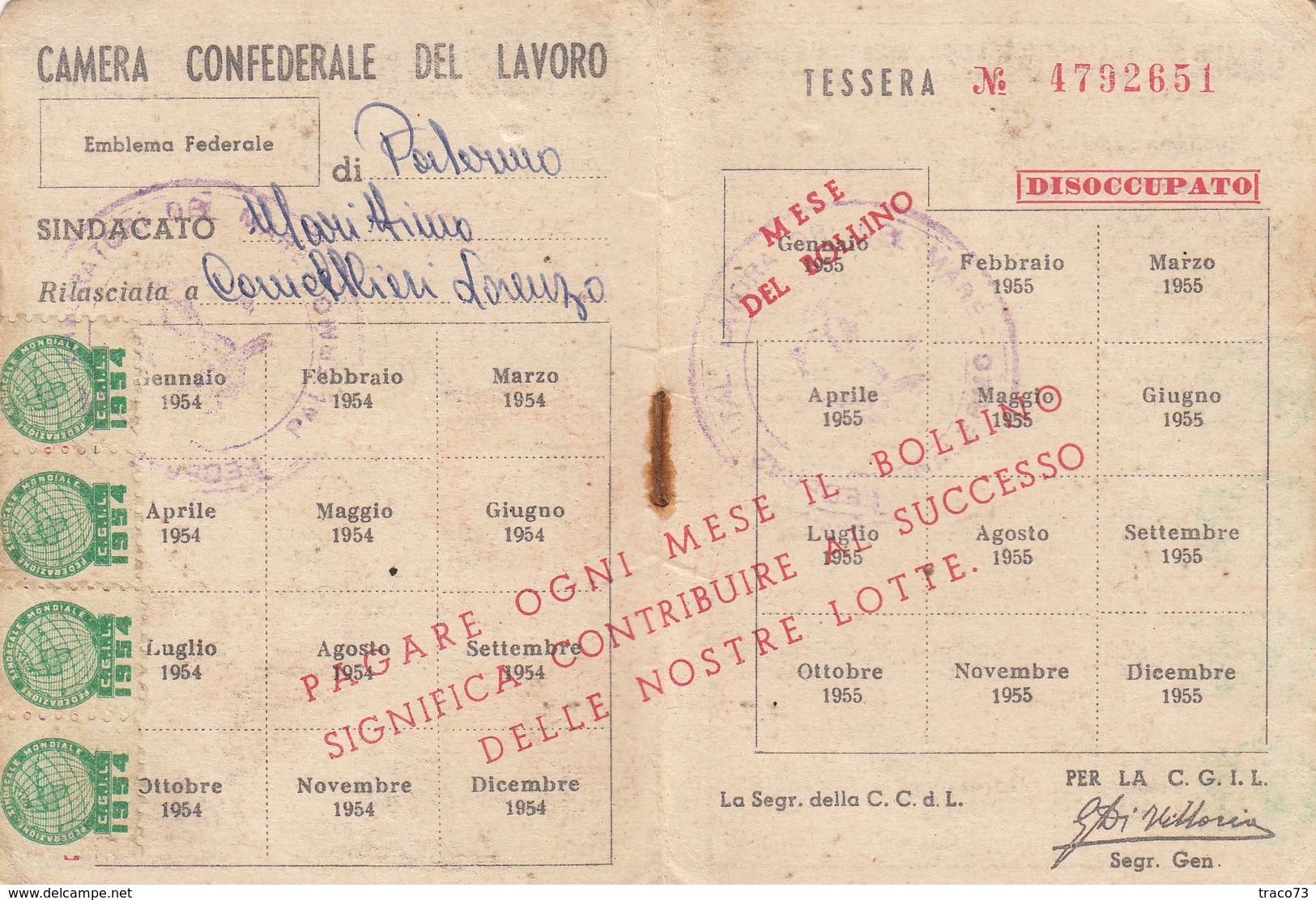 CONFEDERAZIONE ITALIANA DEL LAVORO _ CGIL /   Tessera _ Anno 1954-55 - Documenti Storici